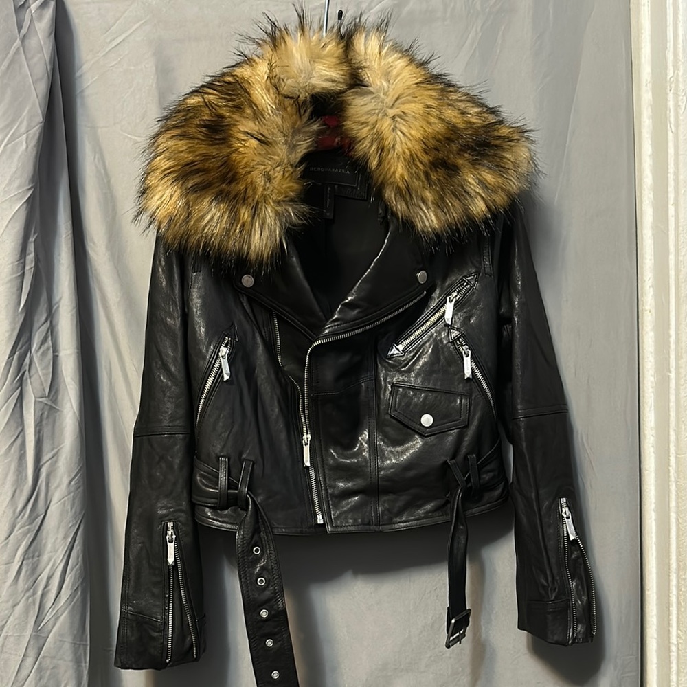 BCBGMAXAZRIA Kaylee Faux Fur-Trim Leather Moto Jacket